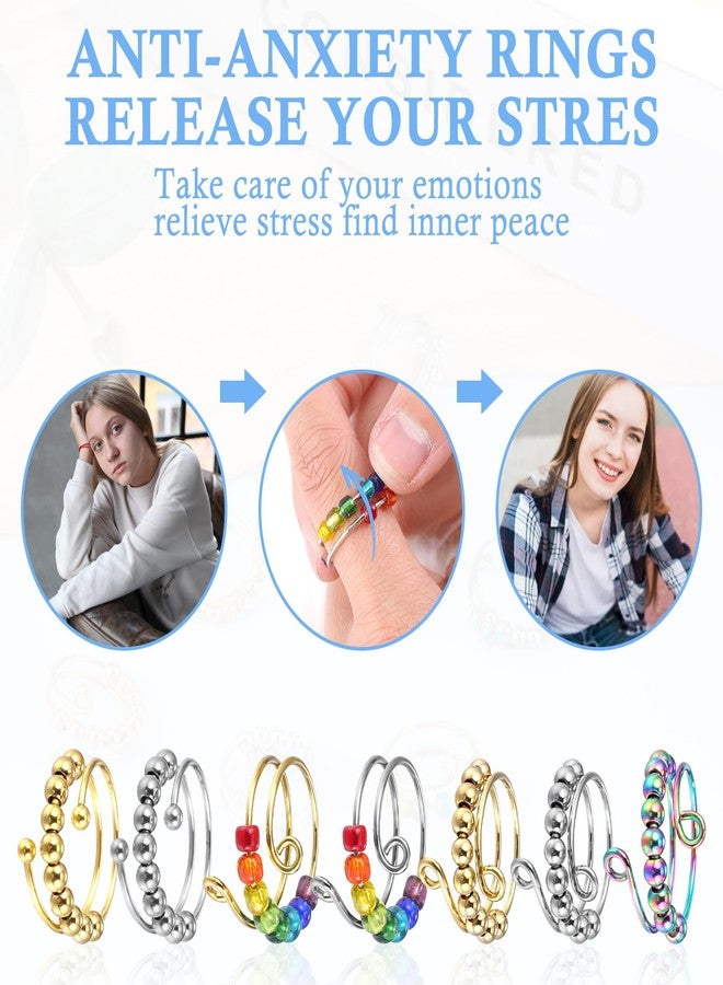 Yuanchu Anxiety Relief Gifts Figet Rings, 7 Pcs Anti Anxiety Gifts for Women Relief Items Fidget Thumb Ring Toys Adults Aura Rings for Women Stainless Steel - Image 2
